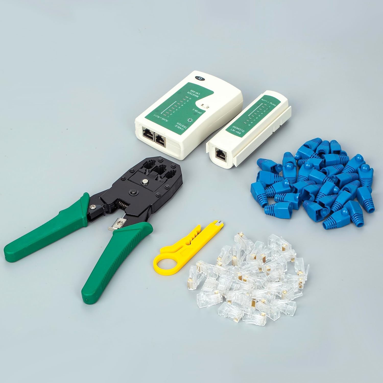 RJ45 Cat6 Crimper Bundle, including 30PCS RJ45 Cat6 Connecter, 30PCS RJ45 Cover, 1 cable tester, and 1 major product crimper